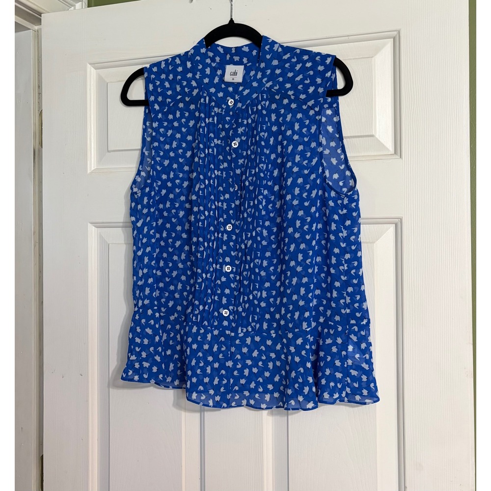 Cabi Sleeveless Pintuck Blouse Womens Medium Blue Floral Excellent Sheer Flared